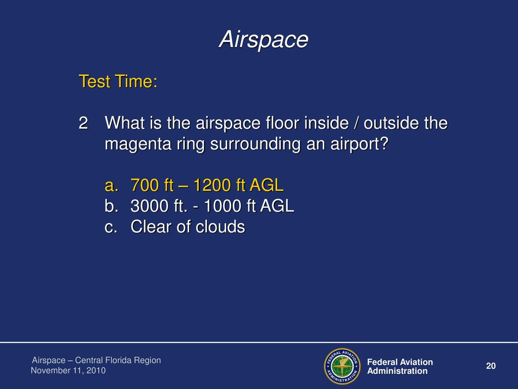 Airspace Test Time: 2 What is the airspace floor inside / outside the magenta ring surrounding an airport