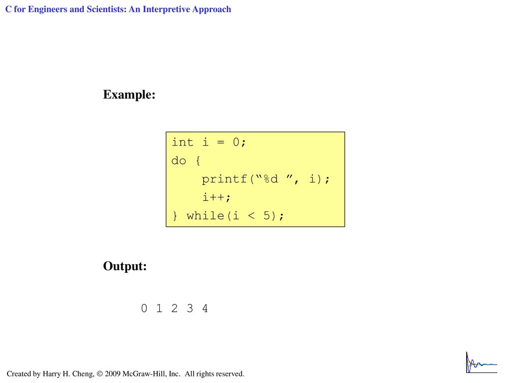 Example: int i = 0; do { printf( %d , i); i++; } while(i < 5); Output: