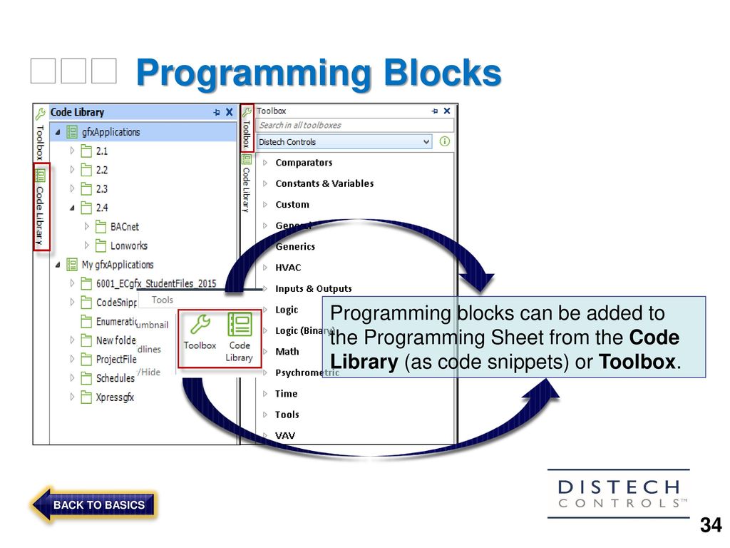 Programming Blocks Programming blocks can be added to the Programming Sheet from the Code Library (as code snippets) or Toolbox.