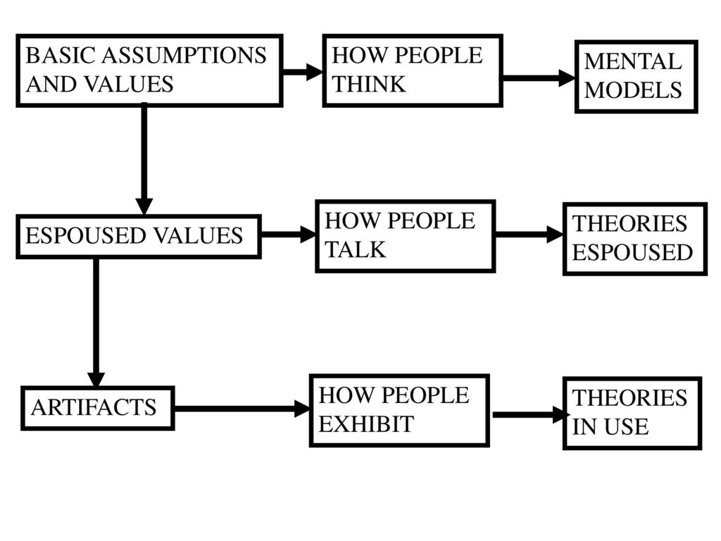 BASIC ASSUMPTIONS AND VALUES. HOW PEOPLE. THINK. MENTAL. MODELS. HOW PEOPLE. TALK. THEORIES.