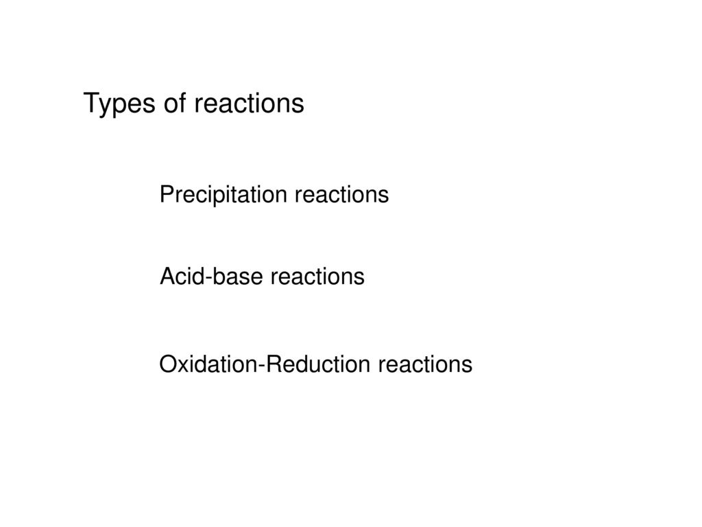 Types of reactions Precipitation reactions Acid-base reactions