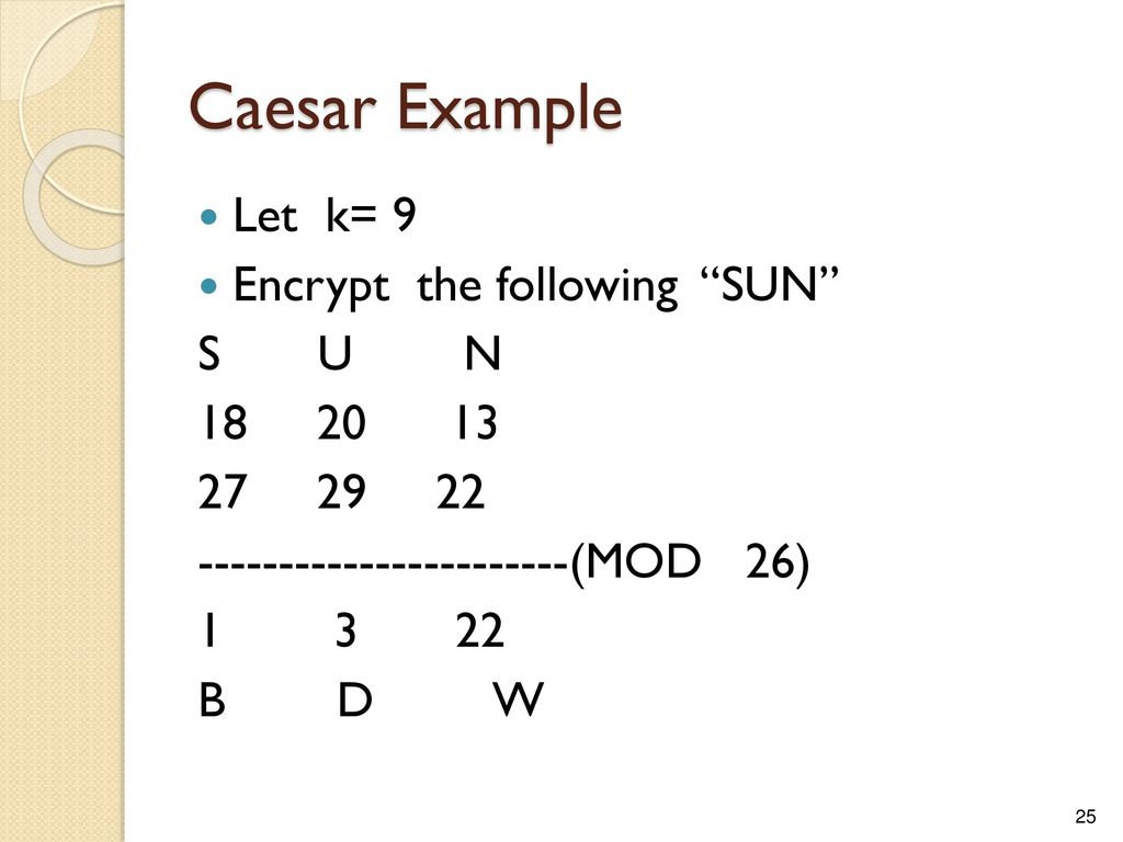 Caesar Example Let k= 9 Encrypt the following SUN S U N