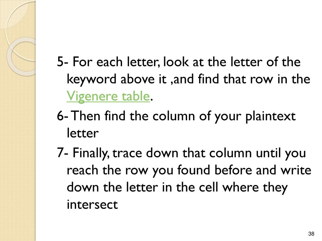 5- For each letter, look at the letter of the keyword above it ,and find that row in the Vigenere table.
