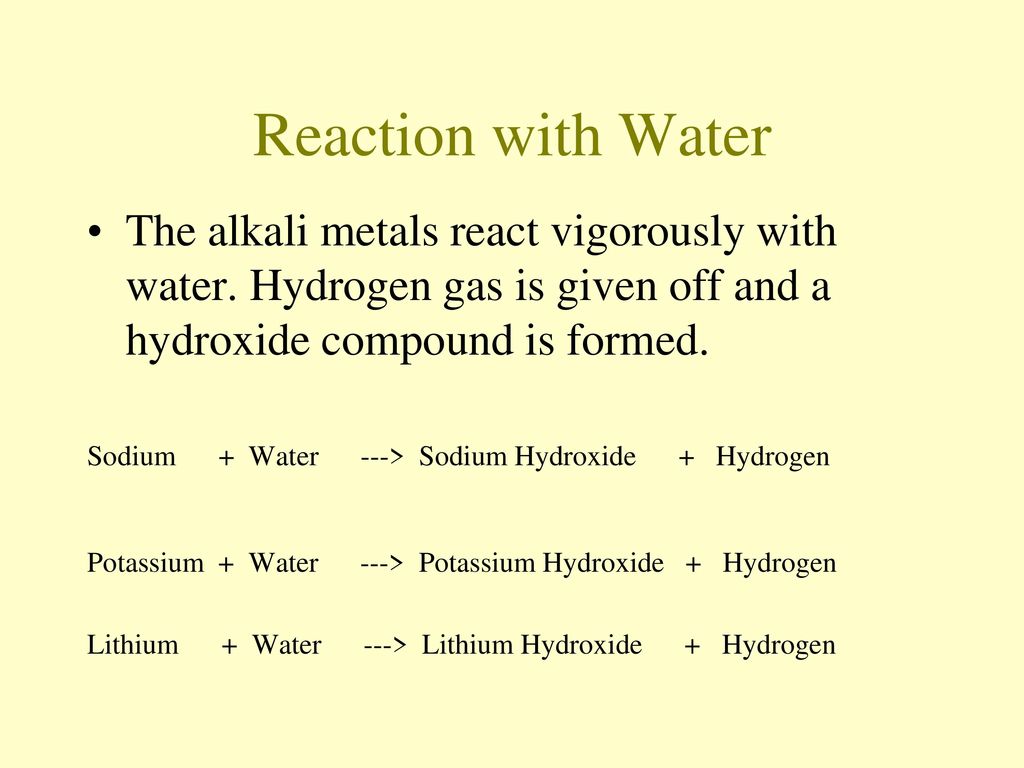 Reaction with Water The alkali metals react vigorously with water. Hydrogen gas is given off and a hydroxide compound is formed.
