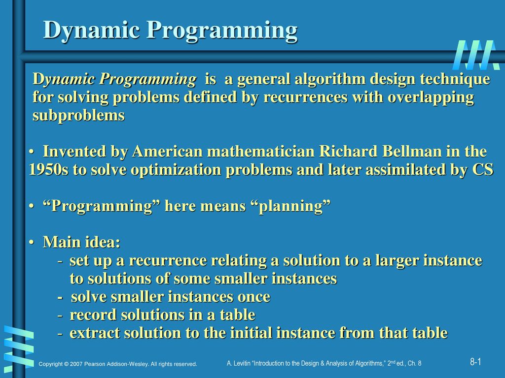 Dynamic Programming Dynamic Programming is a general algorithm design technique. for solving problems defined by recurrences with overlapping.