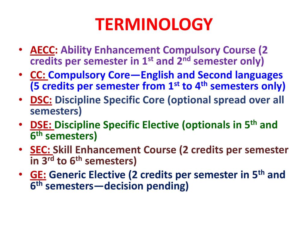 TERMINOLOGY AECC: Ability Enhancement Compulsory Course (2 credits per semester in 1st and 2nd semester only)