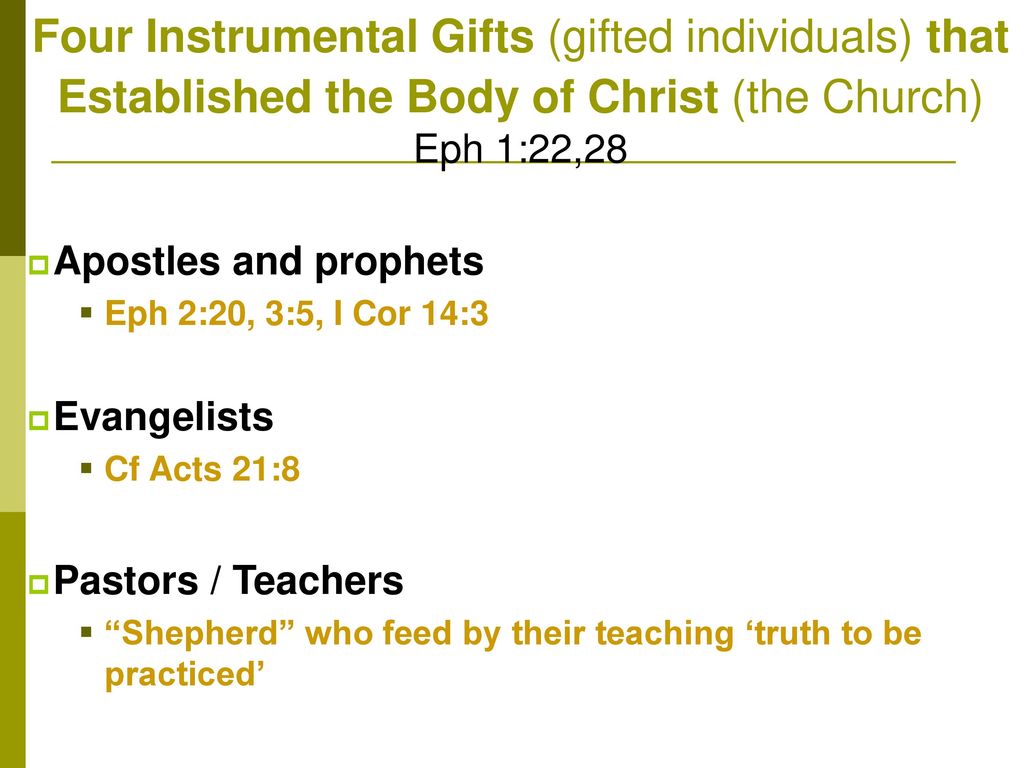 Four Instrumental Gifts (gifted individuals) that Established the Body of Christ (the Church) Eph 1:22,28