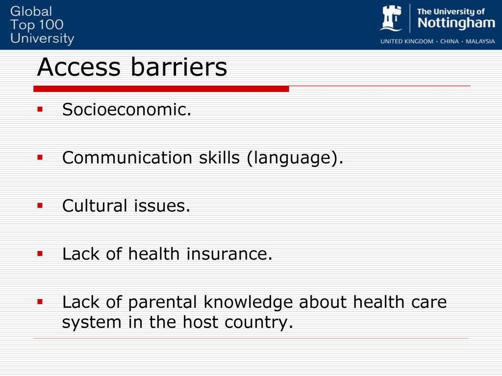 Access barriers Socioeconomic. Communication skills (language).