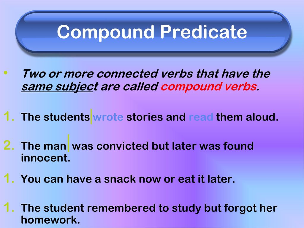 Compound Predicate Two or more connected verbs that have the same subject are called compound verbs.