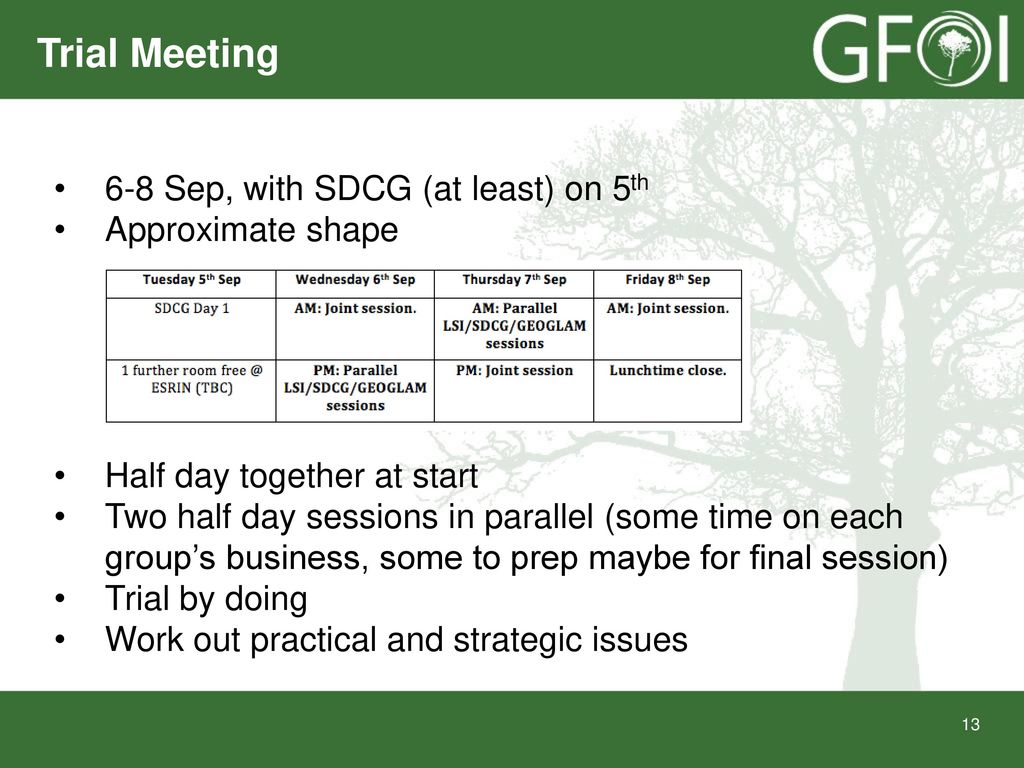 Trial Meeting 6-8 Sep, with SDCG (at least) on 5th Approximate shape