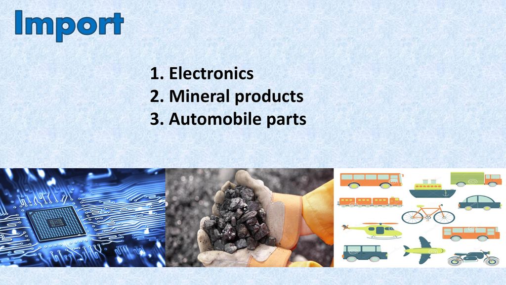 Import 1. Electronics 2. Mineral products 3. Automobile parts