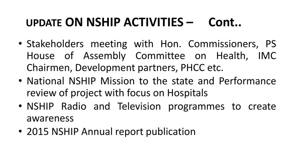 NIGERIA STATE HEALTH INVESTMENT PROJECT IN NASARAWA STATE NSHIP