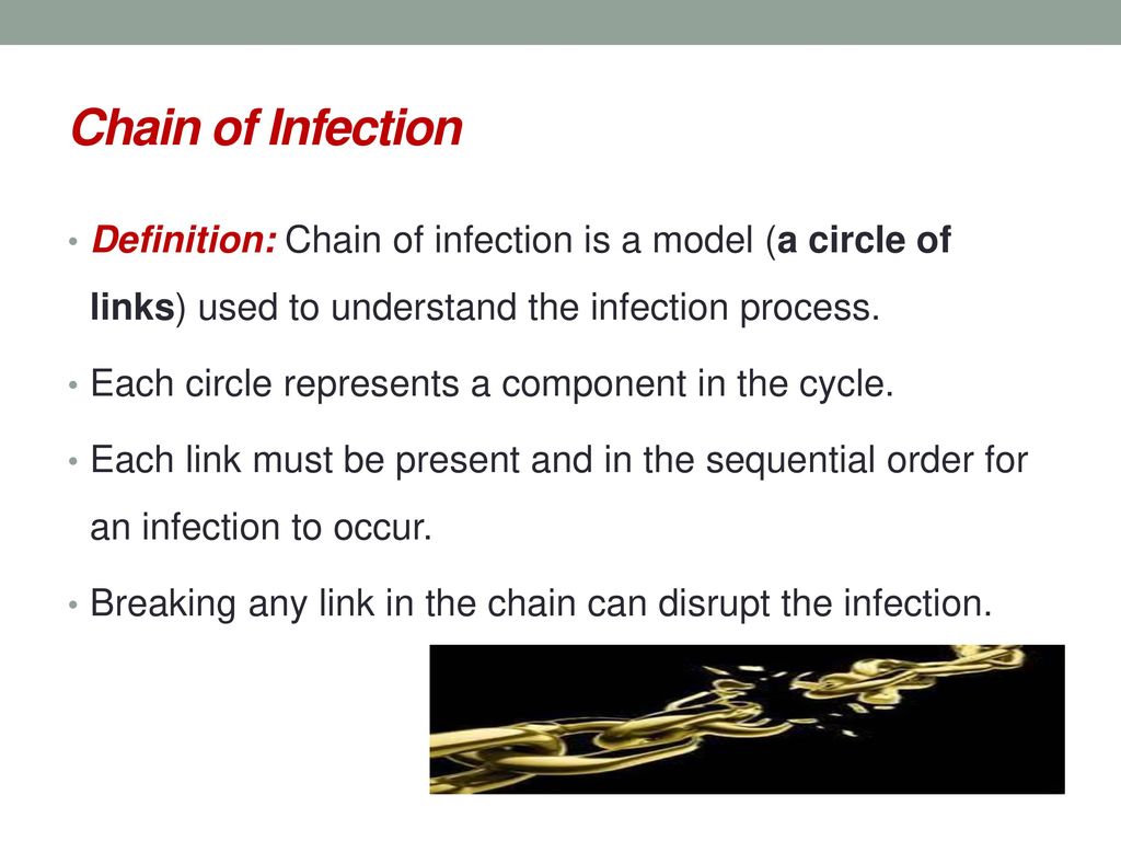 Chain of Infection Definition: Chain of infection is a model (a circle of links) used to understand the infection process.