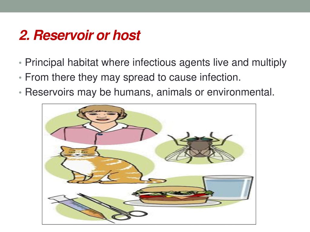 2. Reservoir or host Principal habitat where infectious agents live and multiply. From there they may spread to cause infection.