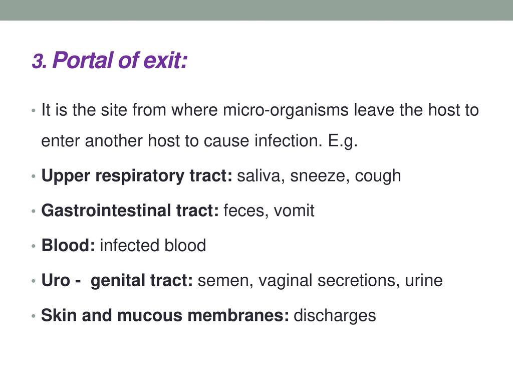 3. Portal of exit: It is the site from where micro-organisms leave the host to enter another host to cause infection. E.g.