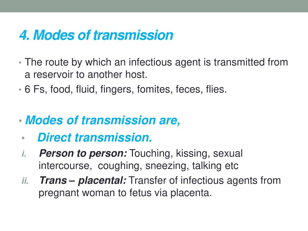 4. Modes of transmission Modes of transmission are,