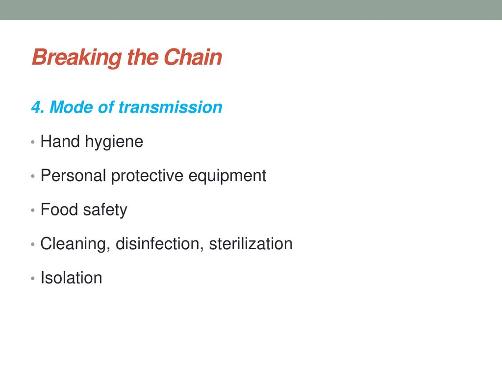 Breaking the Chain 4. Mode of transmission Hand hygiene