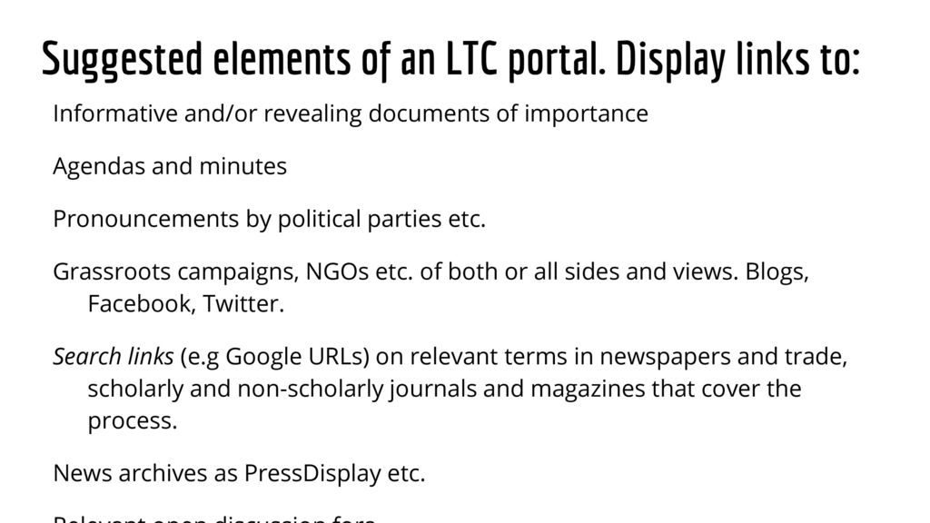 Suggested elements of an LTC portal. Display links to: