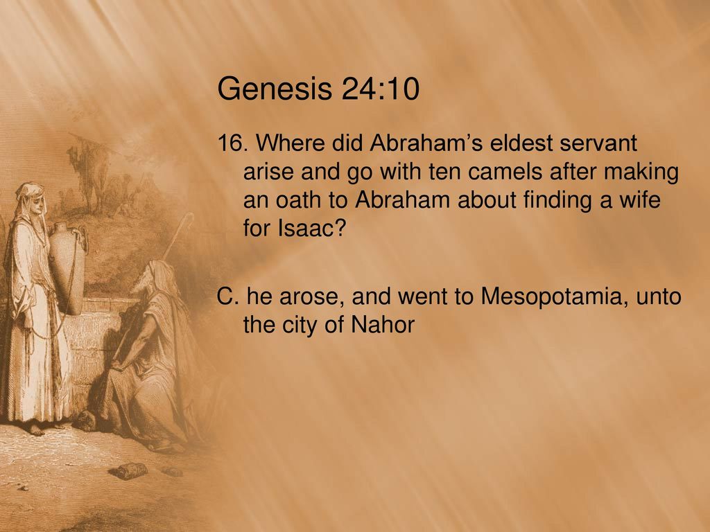 Genesis 24: Where did Abraham’s eldest servant arise and go with ten camels after making an oath to Abraham about finding a wife for Isaac