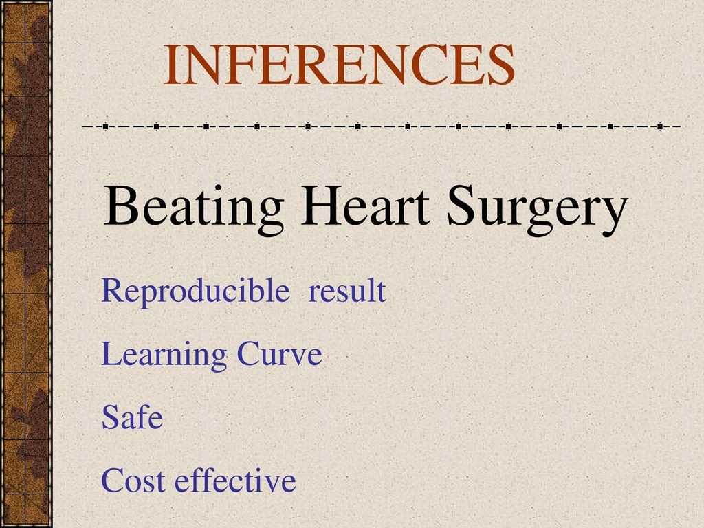 INFERENCES Beating Heart Surgery Reproducible result Learning Curve