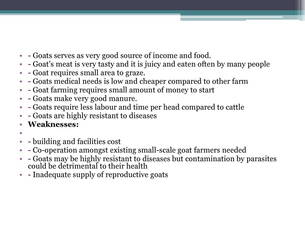 - Goats serves as very good source of income and food.