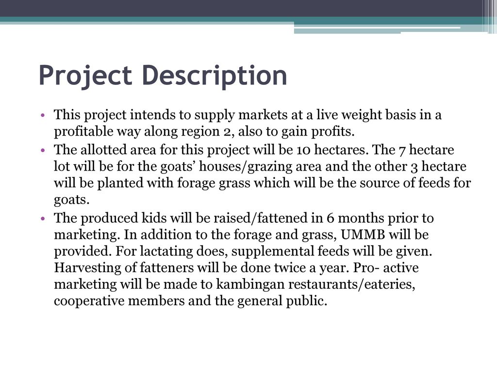 Project Description This project intends to supply markets at a live weight basis in a profitable way along region 2, also to gain profits.