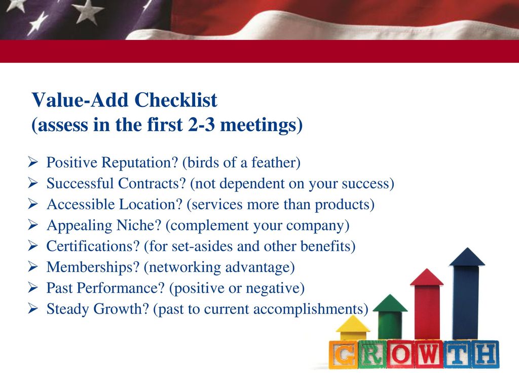 Value-Add Checklist (assess in the first 2-3 meetings)