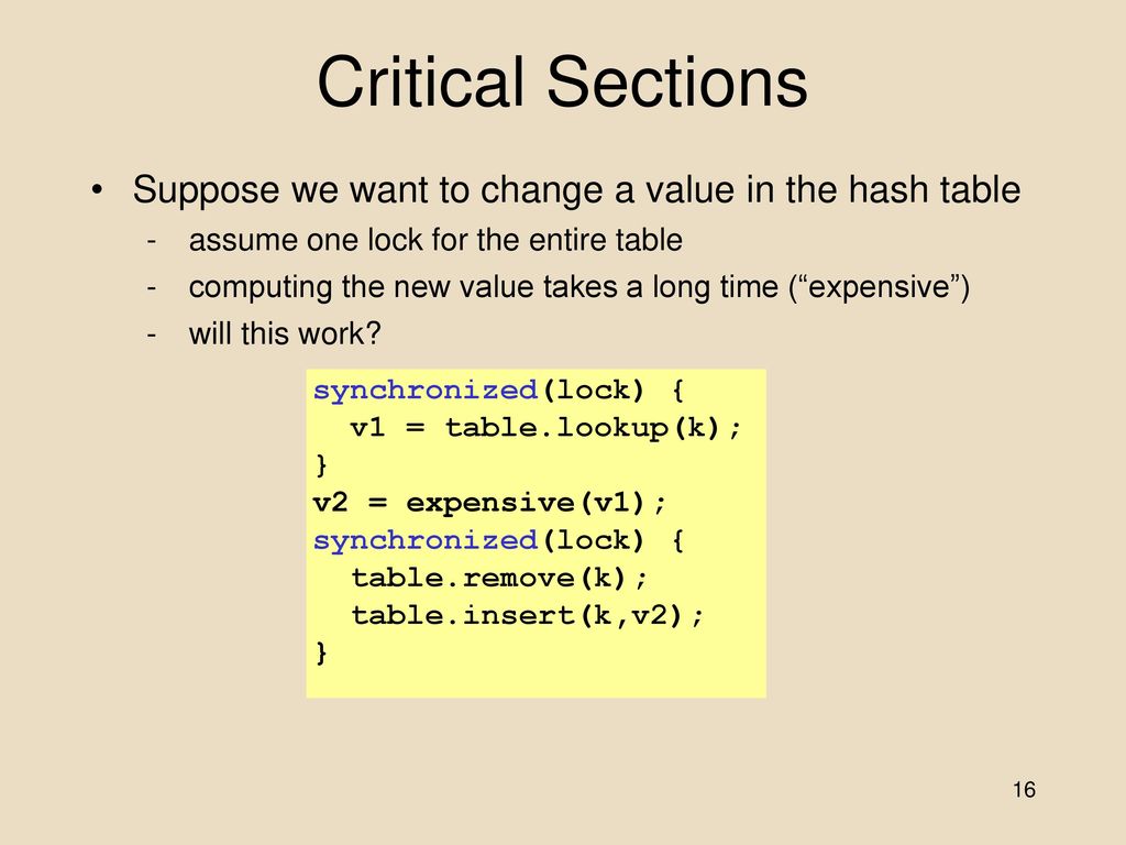 Critical Sections Suppose we want to change a value in the hash table