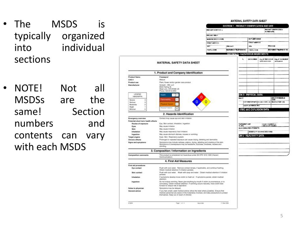 The MSDS is typically organized into individual sections