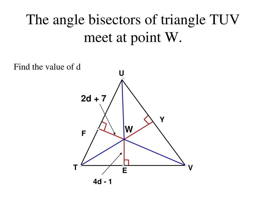 The angle bisectors of triangle TUV meet at point W.