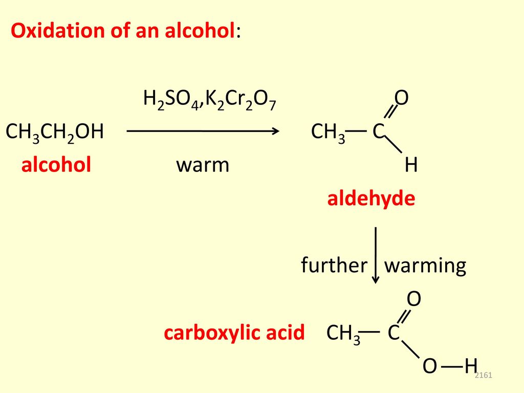 Oxidation of an alcohol: H2SO4,K2Cr2O7 O CH3CH2OH CH3 C alcohol warm H aldehyde further warming O carboxylic acid CH3 C O H