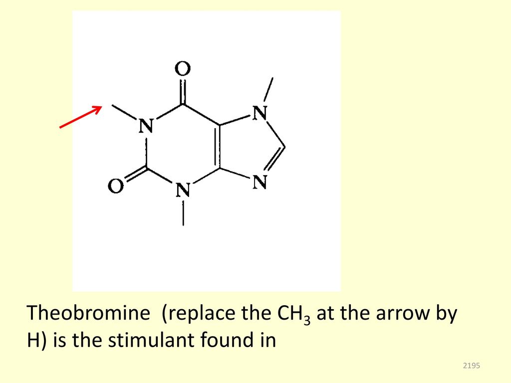 Theobromine (replace the CH3 at the arrow by H) is the stimulant found in