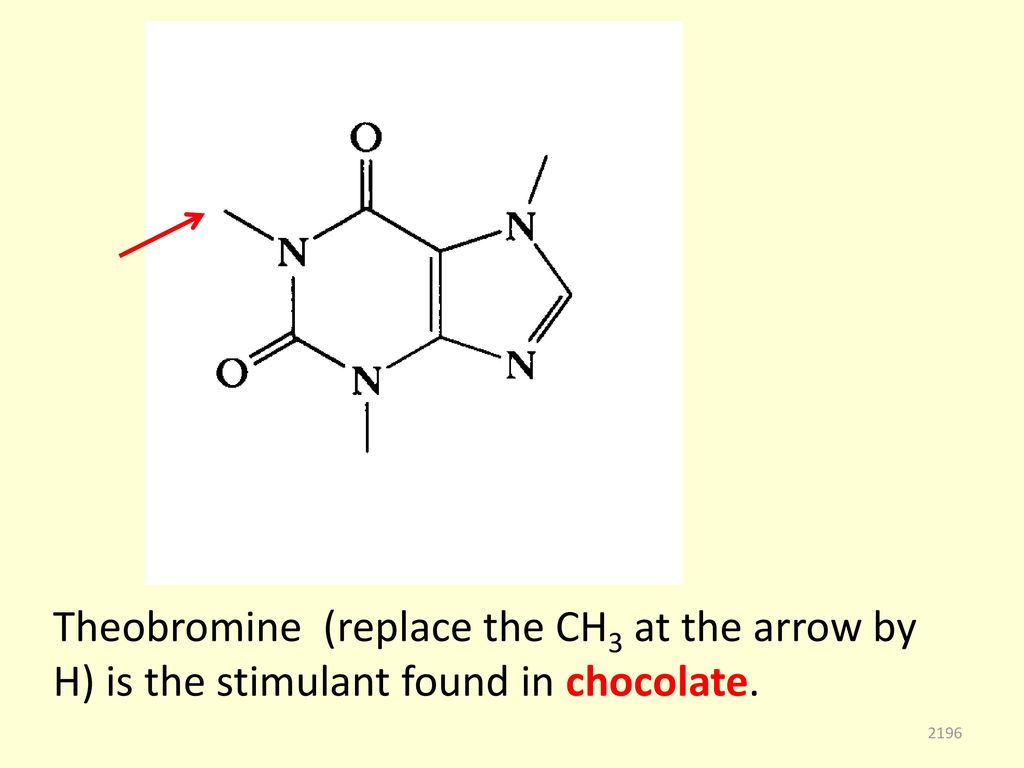 Theobromine (replace the CH3 at the arrow by H) is the stimulant found in chocolate.