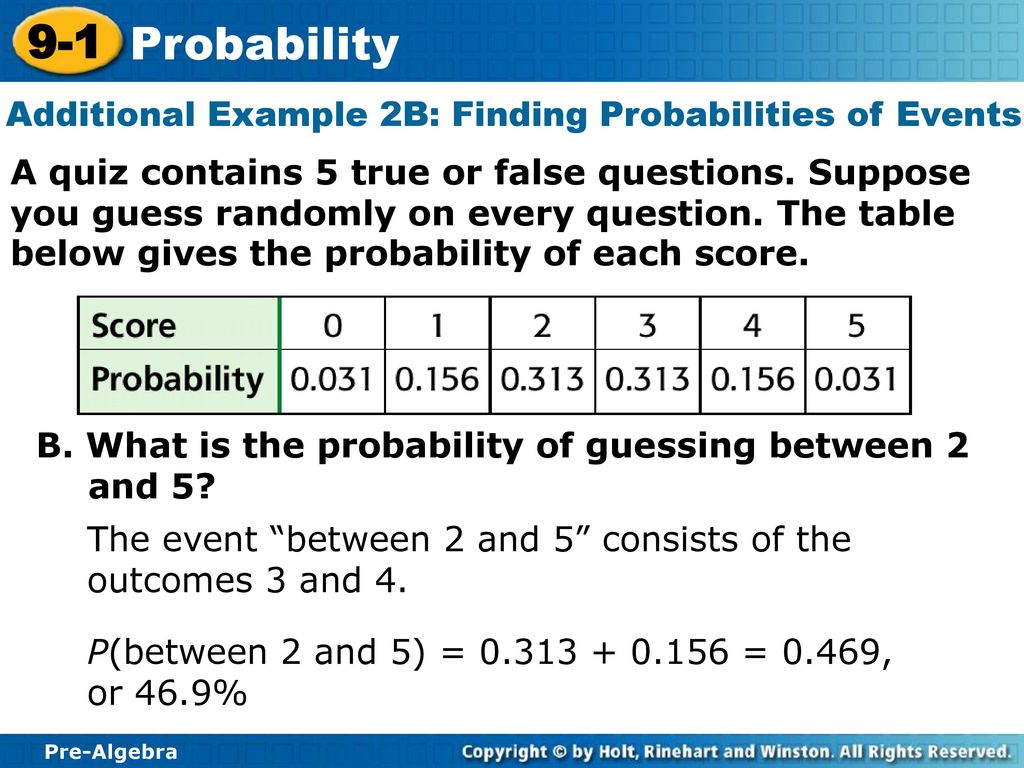 Additional Example 2B: Finding Probabilities of Events