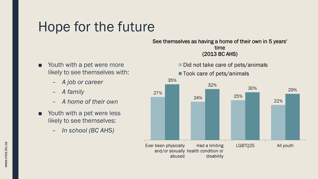 Hope for the future Youth with a pet were more likely to see themselves with: A job or career. A family.
