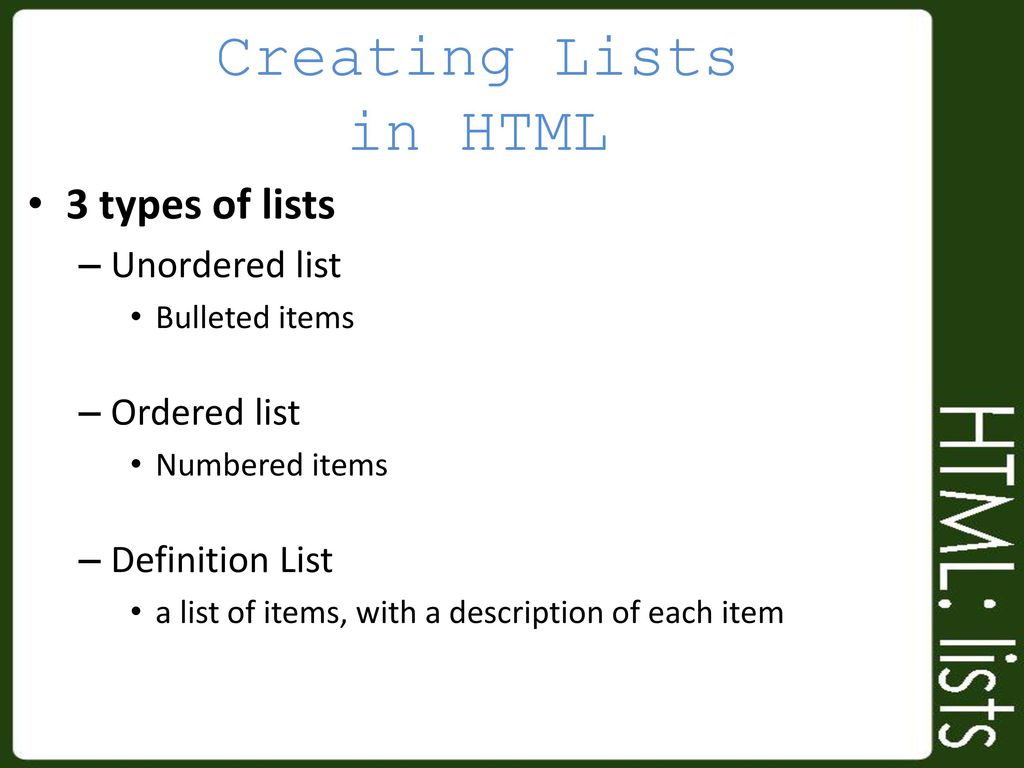 Lists in HTML PowerPoint How to create lists in HTML - ppt download