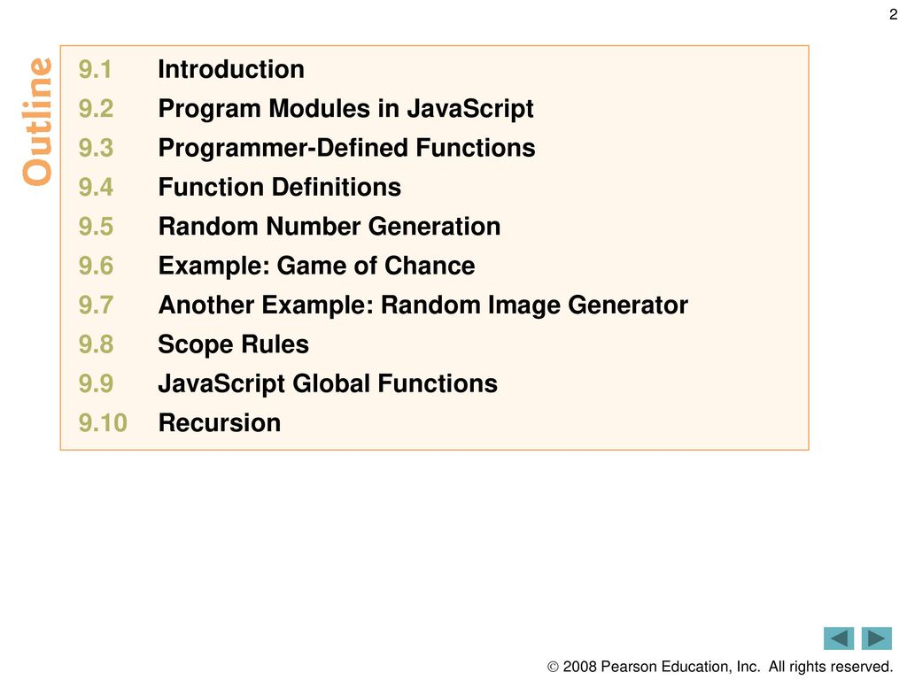 9.1 Introduction 9.2 Program Modules in JavaScript. 9.3 Programmer-Defined Functions. 9.4 Function Definitions.