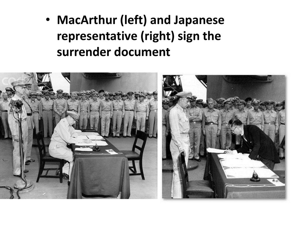 MacArthur (left) and Japanese representative (right) sign the surrender document