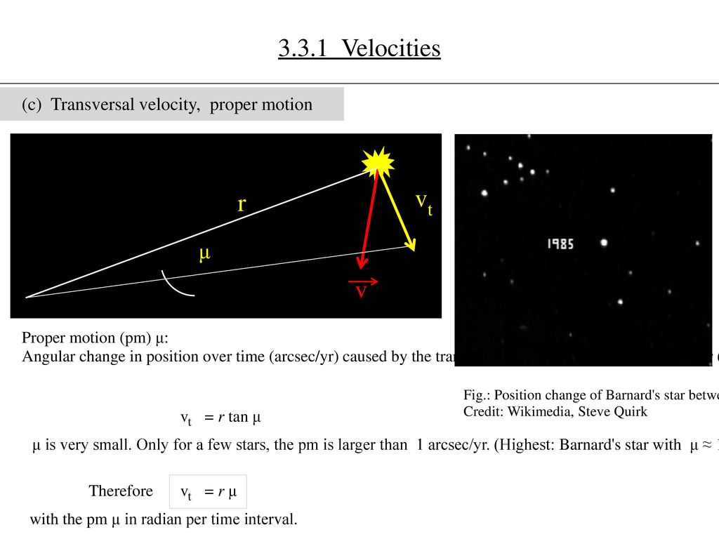 3.3.1 Velocities r v μ (c) Transversal velocity, proper motion t