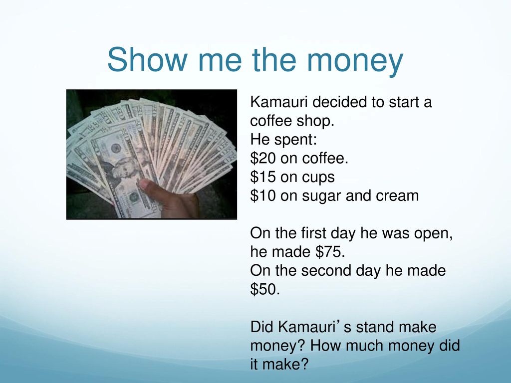 Show me the money Kamauri decided to start a coffee shop. He spent: