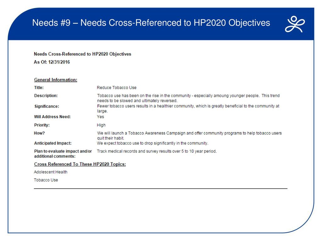 Needs #9 – Needs Cross-Referenced to HP2020 Objectives