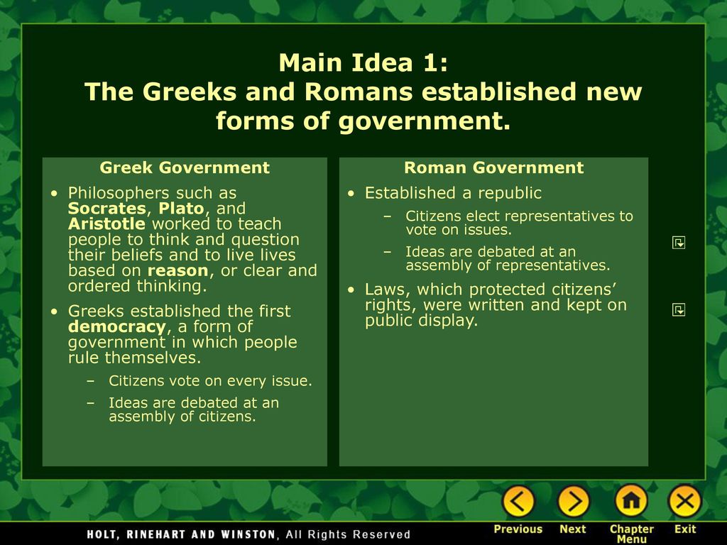 Main Idea 1: The Greeks and Romans established new forms of government.