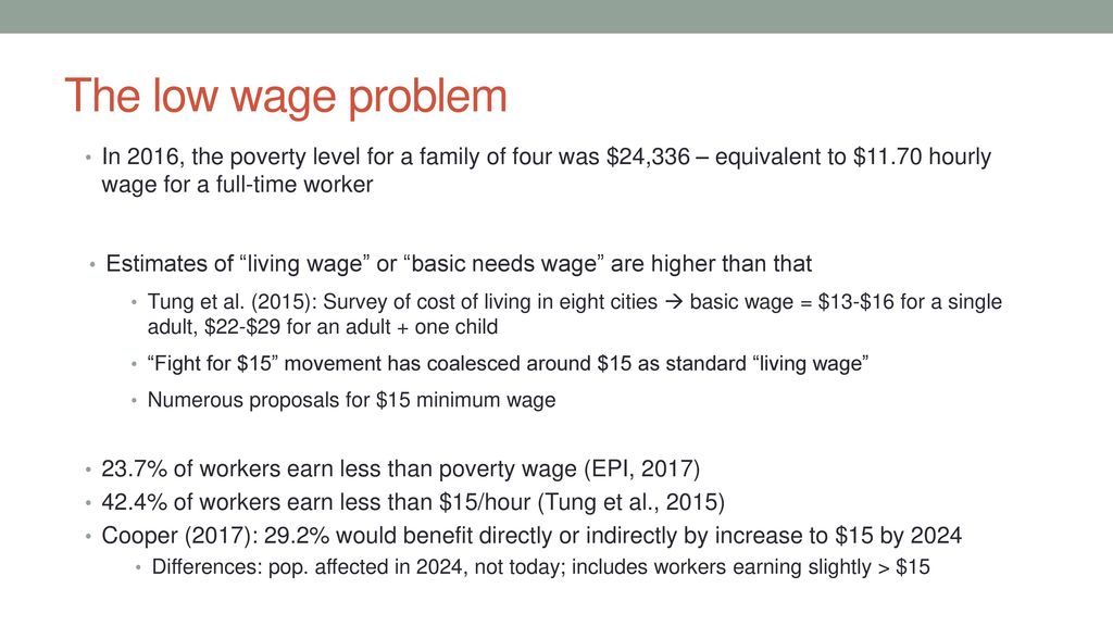 The low wage problem In 2016, the poverty level for a family of four was $24,336 – equivalent to $11.70 hourly wage for a full-time worker.