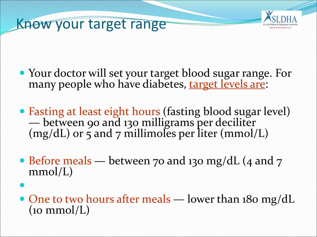 Know your target range Your doctor will set your target blood sugar range. For many people who have diabetes, target levels are: