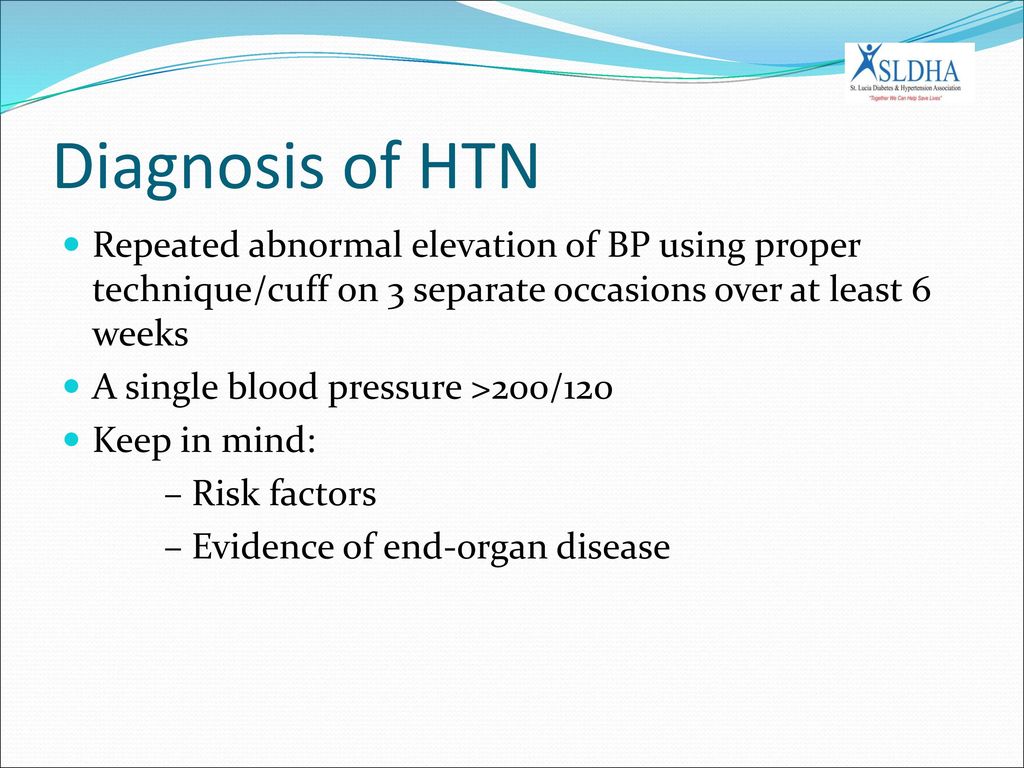 Diagnosis of HTN Repeated abnormal elevation of BP using proper technique/cuff on 3 separate occasions over at least 6 weeks.