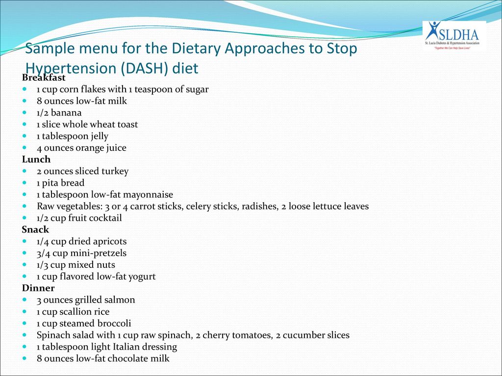 Sample menu for the Dietary Approaches to Stop Hypertension (DASH) diet