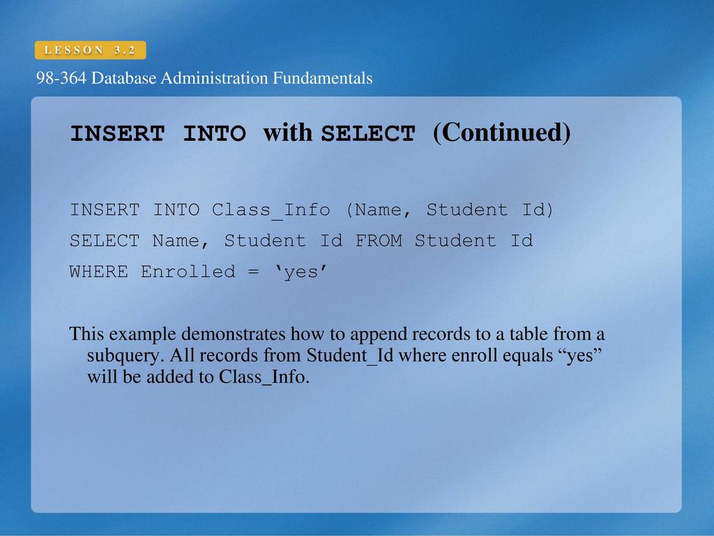 Lesson database administration fundamentals inserting data ppt download