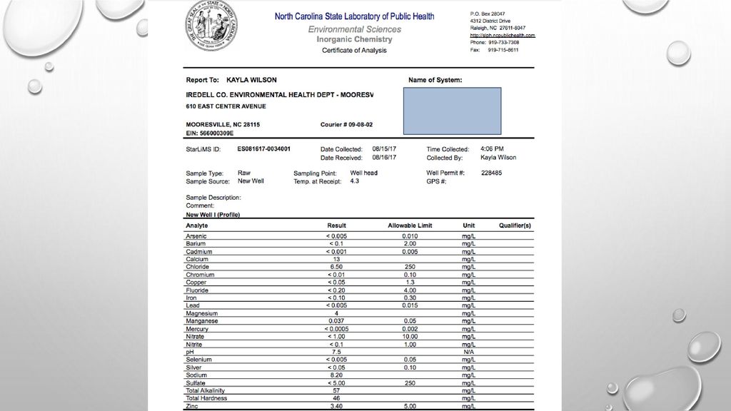 As part of the data collection, name, address, city, zipcode, data collected, date reported, sample type, sample source, sampling point, arsenic concentration (mg/L), cadmium concentration (mg/L), chromium concentration (mg/L), lead concentration (mg/L), and manganese concentration (mg/L), were recorded when available.