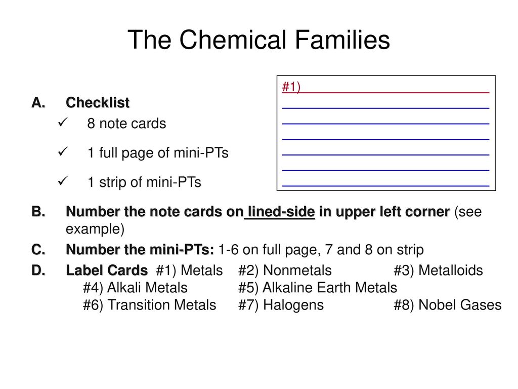 The Chemical Families Checklist 8 note cards 1 full page of mini-PTs