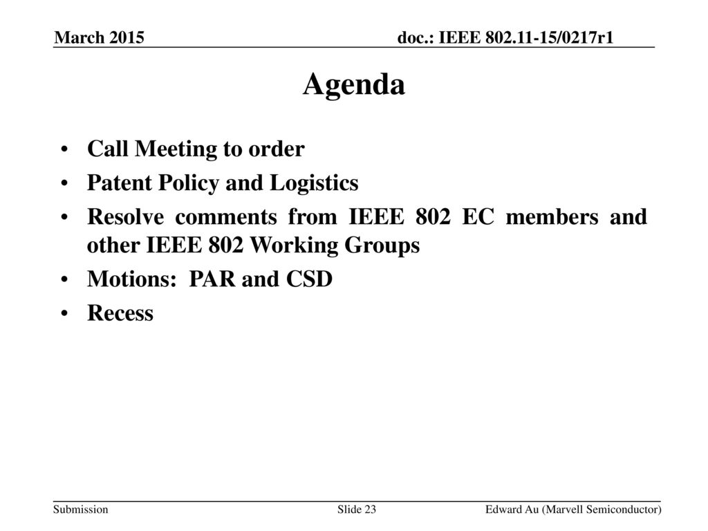 Agenda Call Meeting to order Patent Policy and Logistics